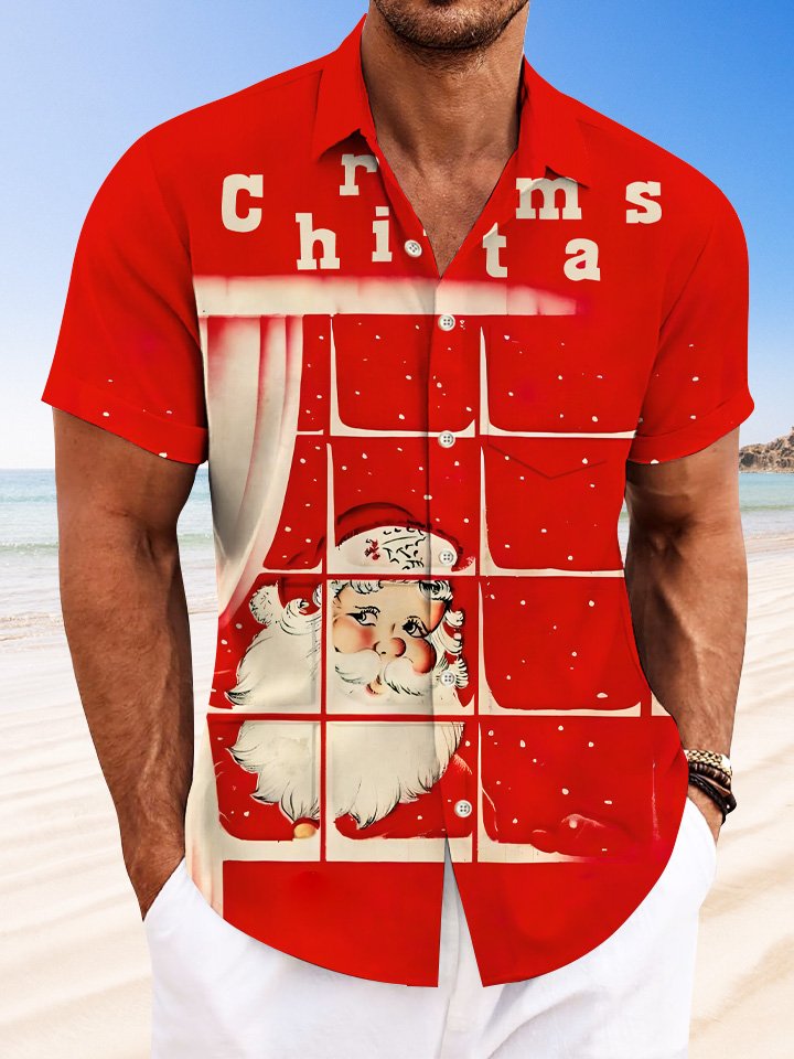 Alohadaddy Christmas Santa Claus Digital Printing Pocket Casual Short Sleeve Shirt