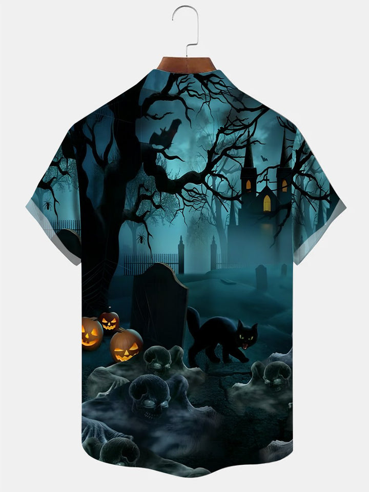 Alohadaddy Halloween Pumpkin Button Pocket Casual Short Sleeve Shirt