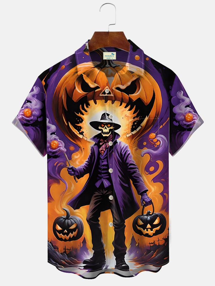 Chemise décontractée à manches courtes avec poche boutonnée et motif tête de mort pour Halloween Alohadaddy