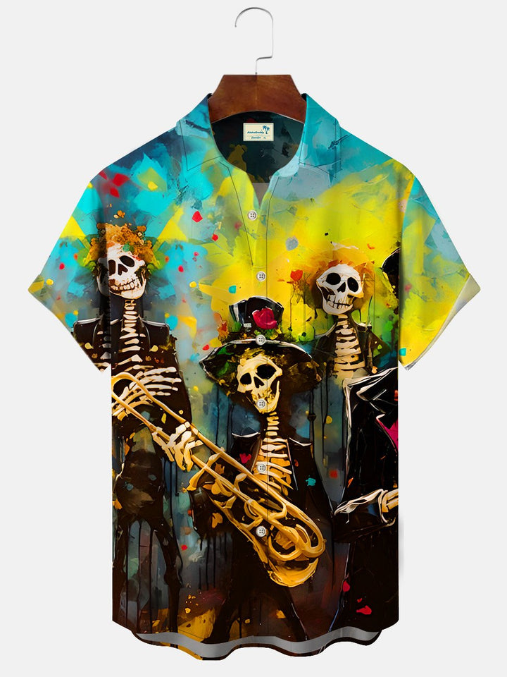 Chemise décontractée à manches courtes avec poche boutonnée et motif crâne Alohadaddy