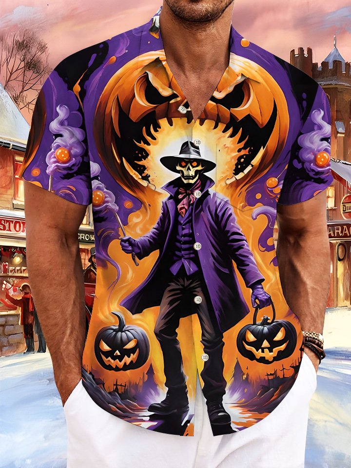 Chemise décontractée à manches courtes avec poche boutonnée et motif tête de mort pour Halloween Alohadaddy