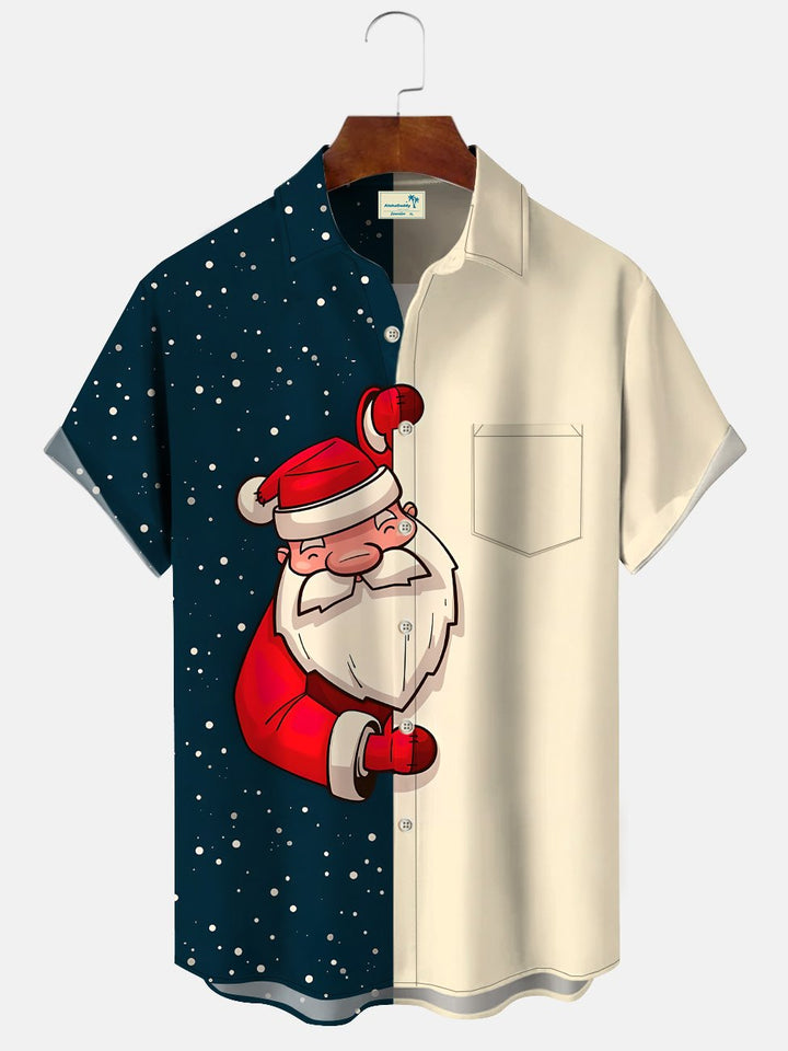 Chemise décontractée à manches courtes avec poche à boutons contrastée et motif Père Noël de Alohadaddy