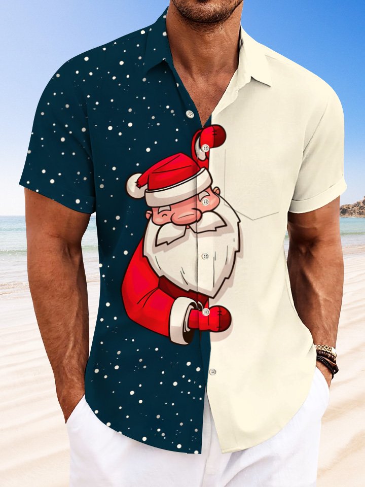 Chemise décontractée à manches courtes avec poche à boutons contrastée et motif Père Noël de Alohadaddy