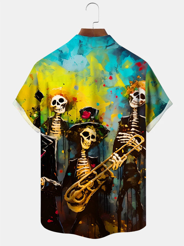 Chemise décontractée à manches courtes avec poche boutonnée et motif crâne Alohadaddy