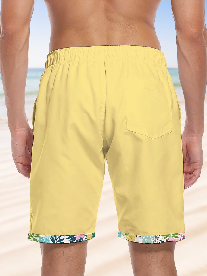 Alohadaddy Basic Summer Hawaiian Flower Color Block Quick-Drying Pocket Beach Shorts