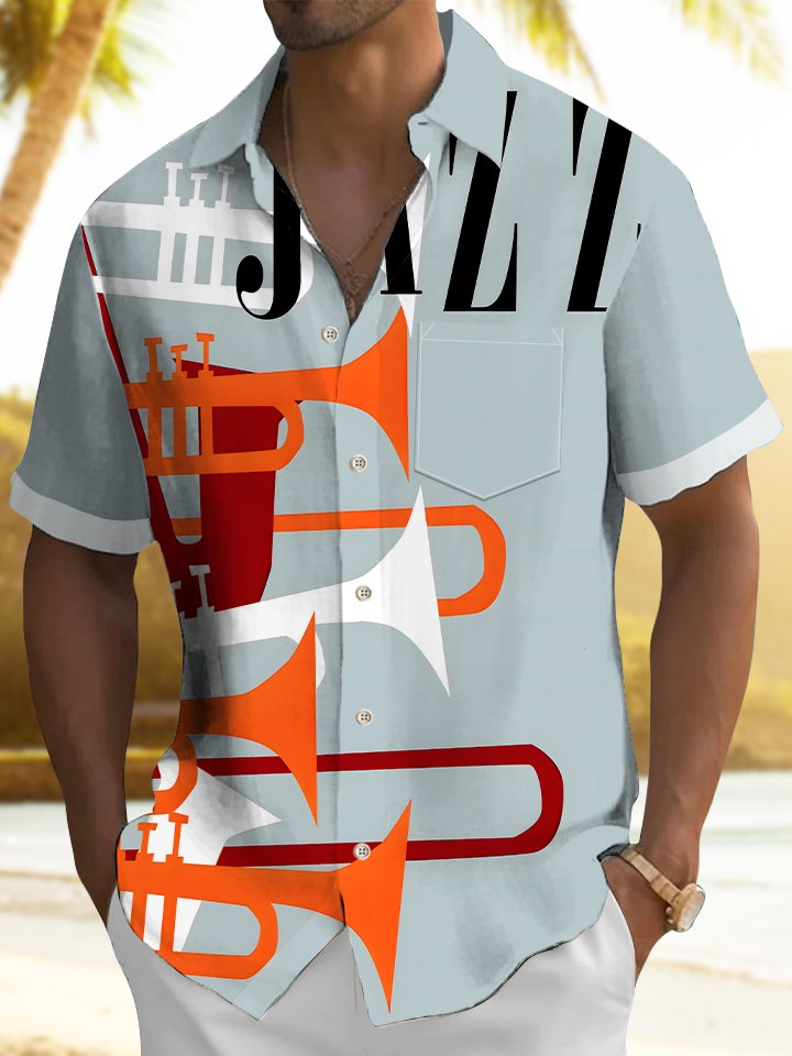 Alohadaddy Vintage Jazz Music Print Chest Pocket Men&