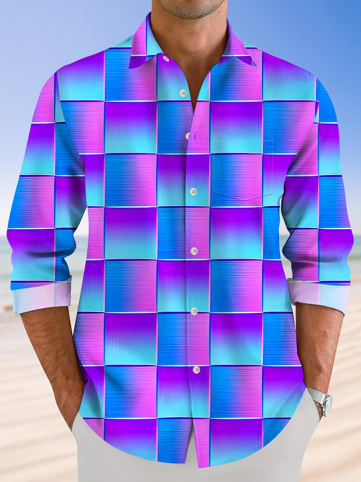 Camisa de manga larga con bolsillos y botones para hombre con estampado 3D de degradado geométrico hawaiano Alohadaddy