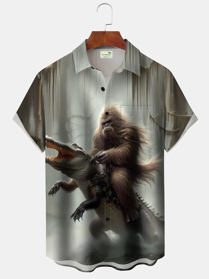 Alohadaddy Vintage Vacation Dinosaur Bigfoot Forest Short Sleeve Shirt