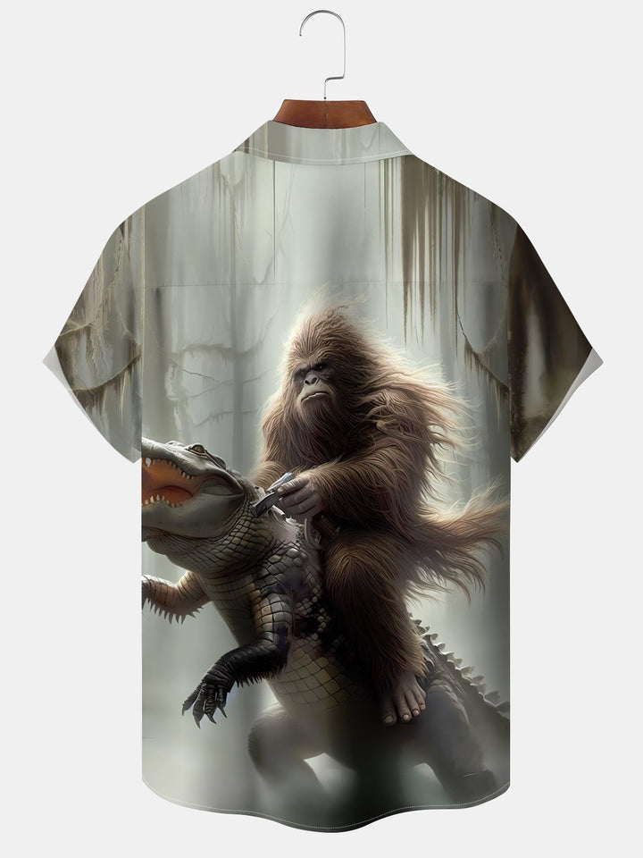 Alohadaddy Vintage Vacation Dinosaur Bigfoot Forest Short Sleeve Shirt