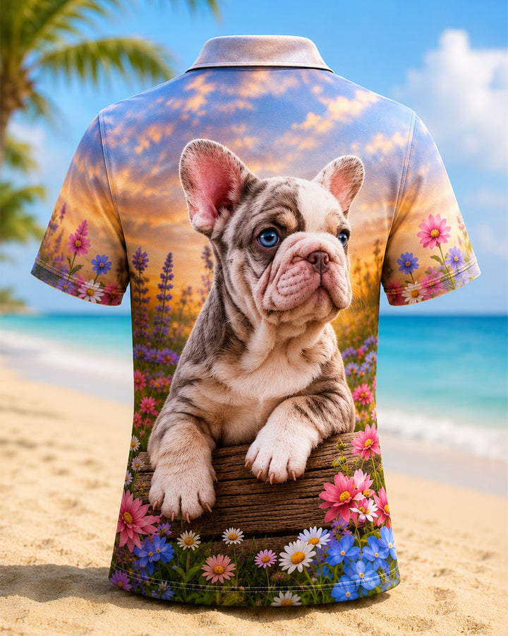 Alohadaddy® Vintage Beach Floral Dog Print Short-Sleeve Polo Shirt