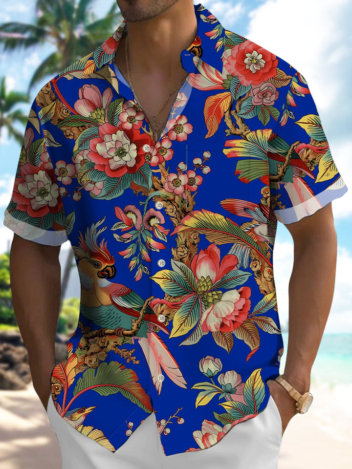 Alohadaddy Hawaiian Vintage Floral Parrot Tropical Leaves Vacation Shirt