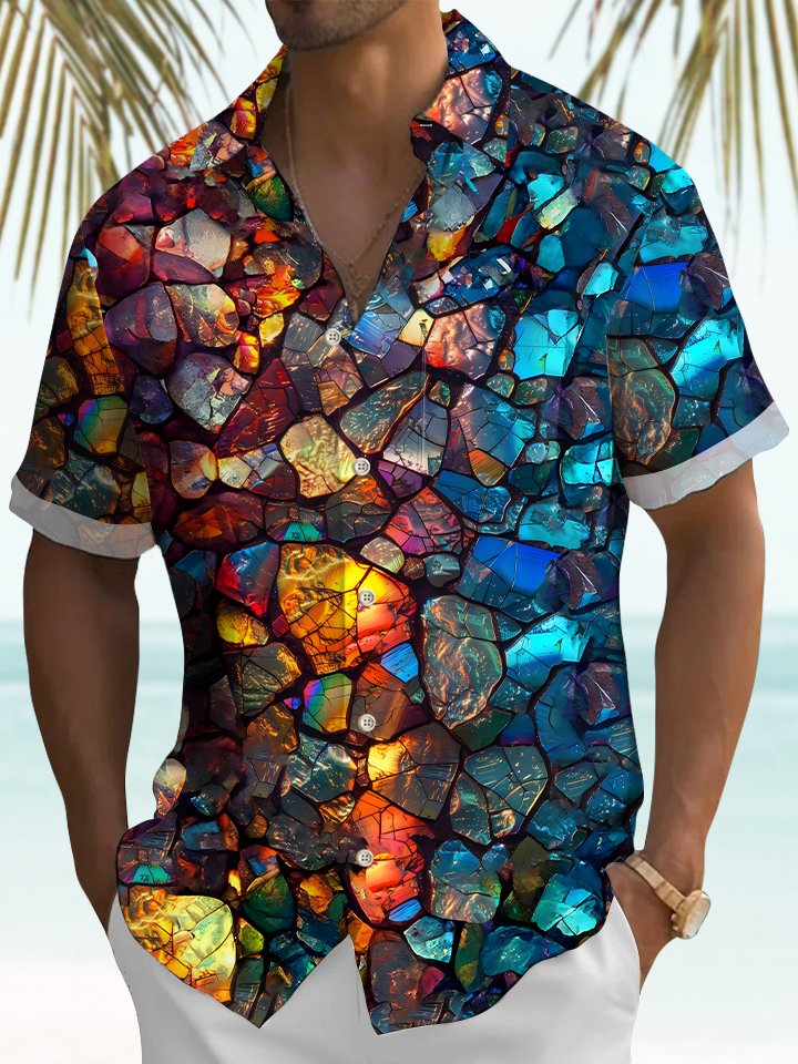 Alohadaddy Gradient Geometric Stone Vintage Short Sleeve Pocket Shirt