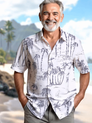 Alohadaddy Hawaiian Palm Tree Painting Art Button Cardigan Pockets Large Size Long Polyester Short Sleeve Shirt