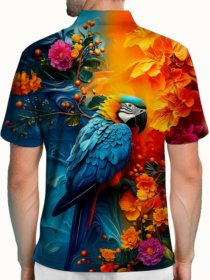 Alohadaddy® Hawaiian Retro Abstract Oil Painting Parrot Short-Sleeve Polo Shirt