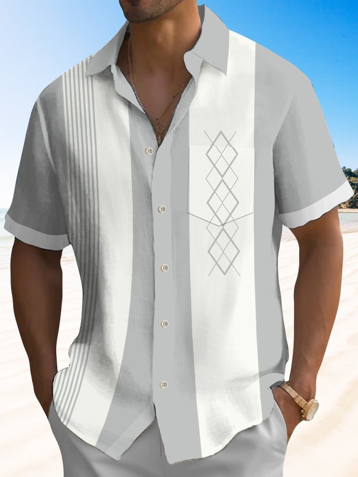 Alohadaddy Pocket Vintage Bowling Geometric Print Beach Men&