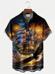Alohadaddy® Men's Holiday Patriotic 250th Anniversary  USA Flag Eagle Patriotic Sailing Ship Fireworks Print Retro Short-Sleeve Shirt Big & Tall