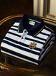 Alohadaddy®  Business Stripe Royal Logo Print Men's Lapel Button-Down Short Sleeve Polo Shirt Big & Tall