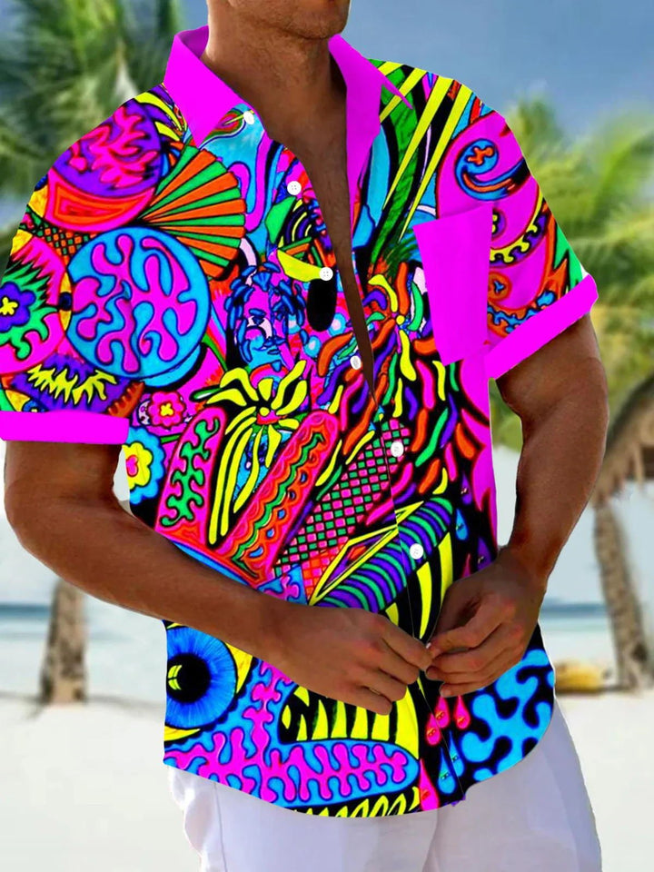 Alohadaddy Vintage Abstract Art Texture Print Chest Pocket Shirt Plus Size Men&