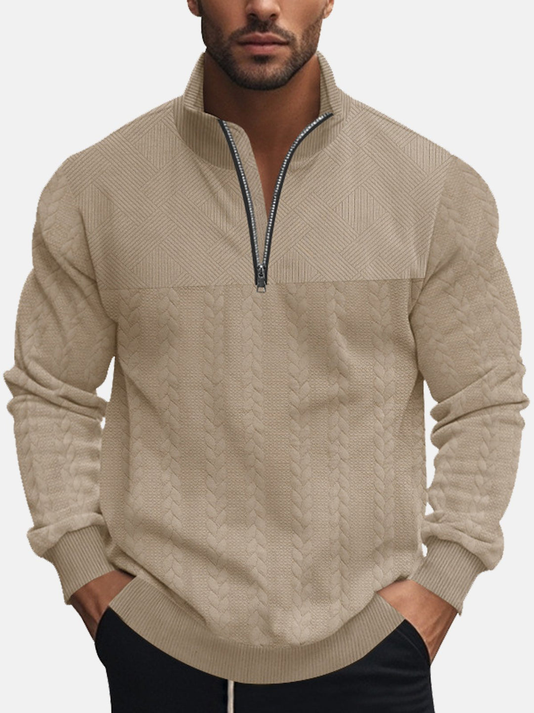 Sudadera de manga larga con cuello alto, media cremallera y diseño de patchwork de jacquard, estilo vintage de Alohadaddy