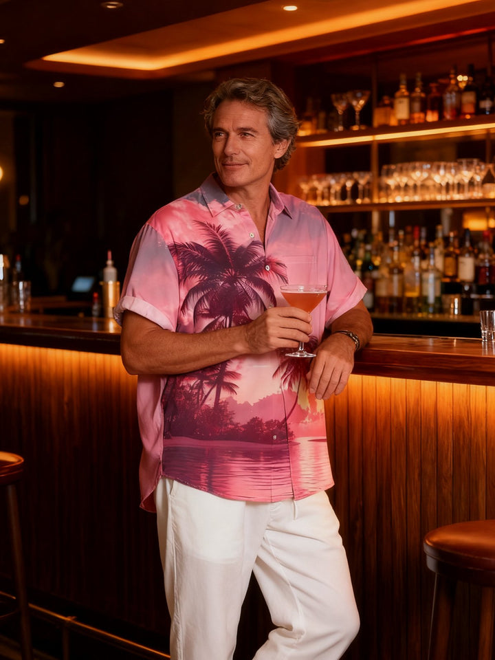 Alohadaddy Casual Everyday Palm Trees Beach Print Art Polyester Stretch Large Size Pocket Short Sleeve Shirt