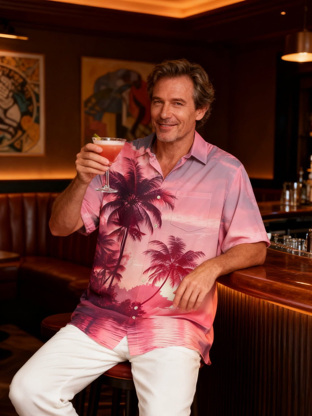 Alohadaddy Casual Everyday Palm Trees Beach Print Art Polyester Stretch Large Size Pocket Short Sleeve Shirt