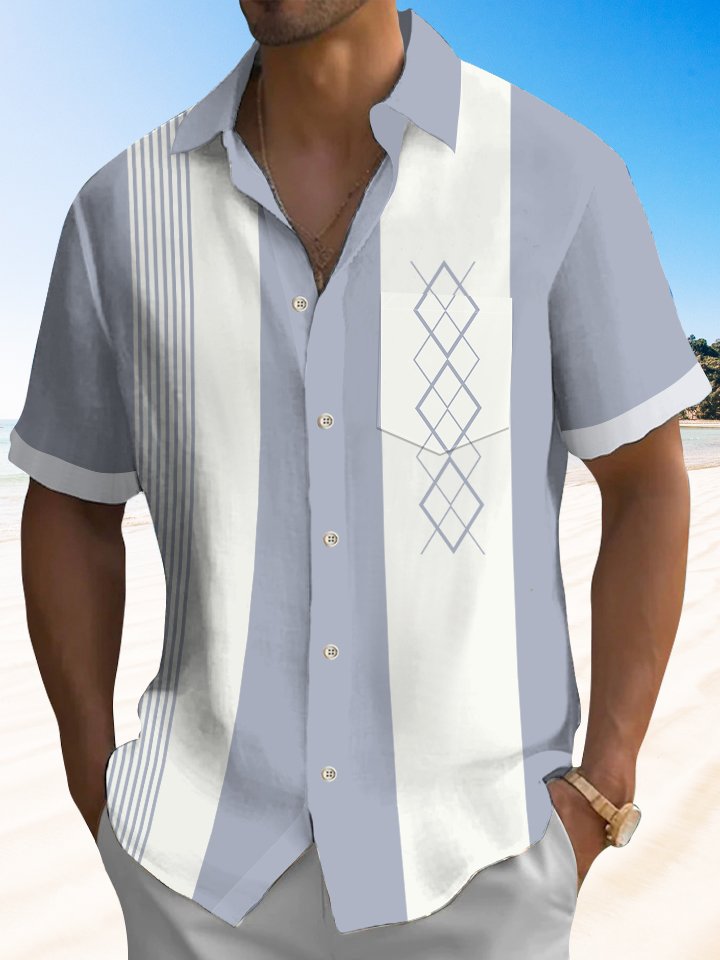 Alohadaddy Pocket Vintage Bowling Geometric Print Beach Men&