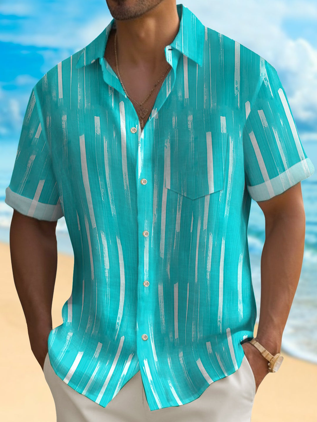 Camisa hawaiana con diseño geométrico de Alohadaddy para hombre, con rayas abstractas, bolsillo para el cuidado, para acampar, talla grande