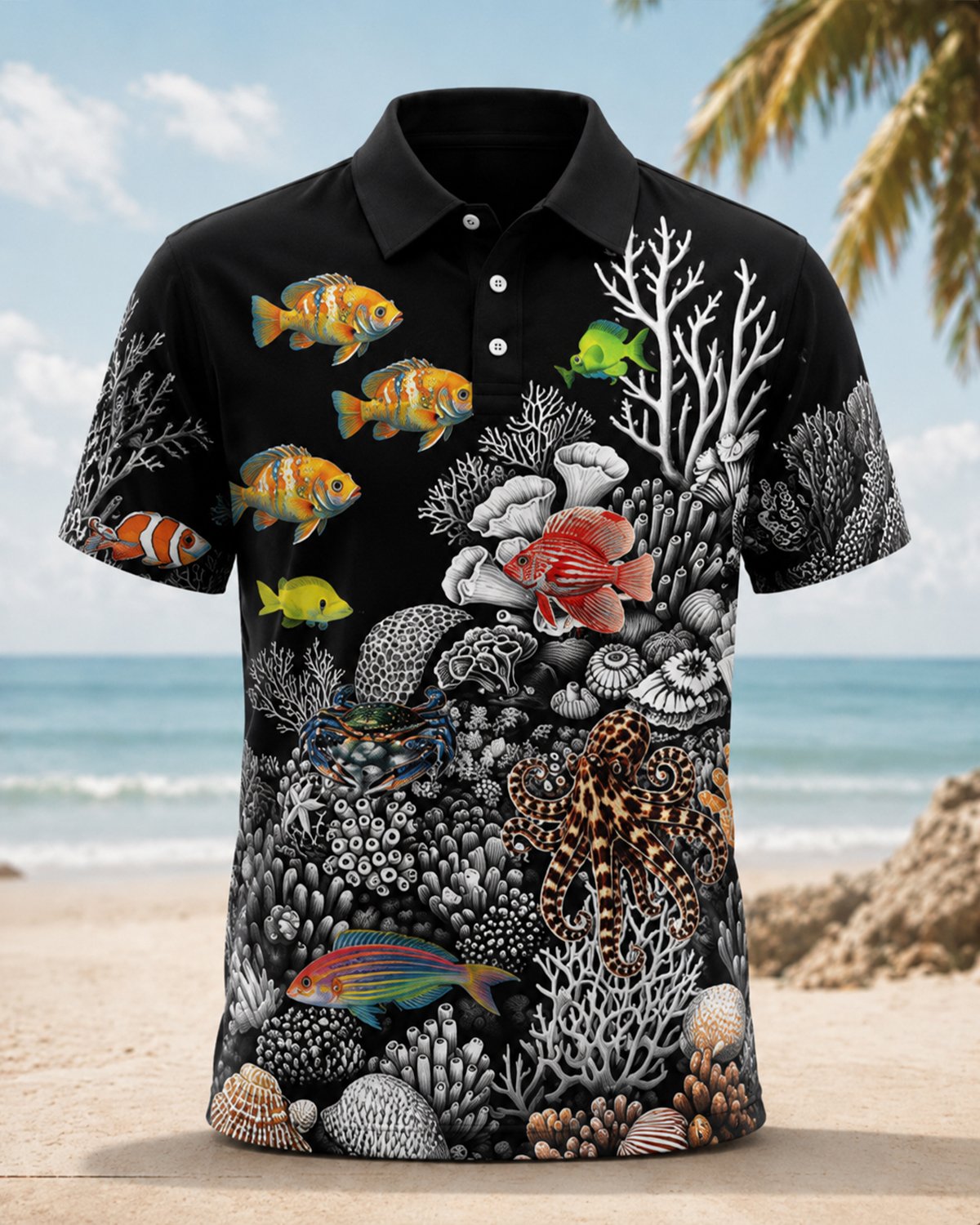 Alohadaddy® Men's Casual Style Ocean-Themed Design Tropical Fish Print Short-Sleeve Polo Shirt