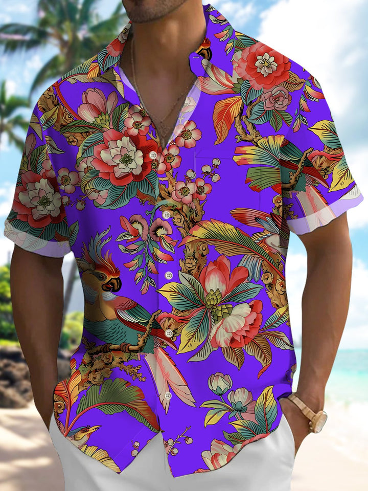Alohadaddy Hawaiian Vintage Floral Parrot Tropical Leaves Vacation Shirt