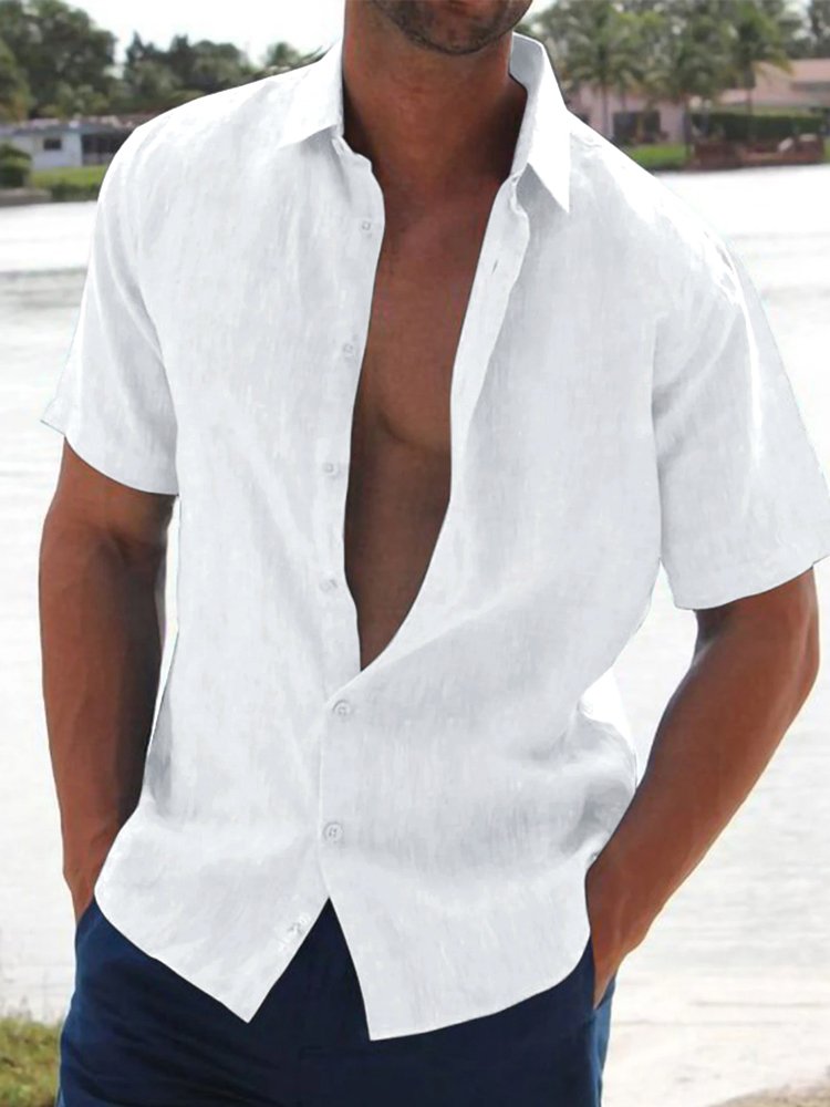 Camisa suelta de manga corta de lino y algodón para hombre