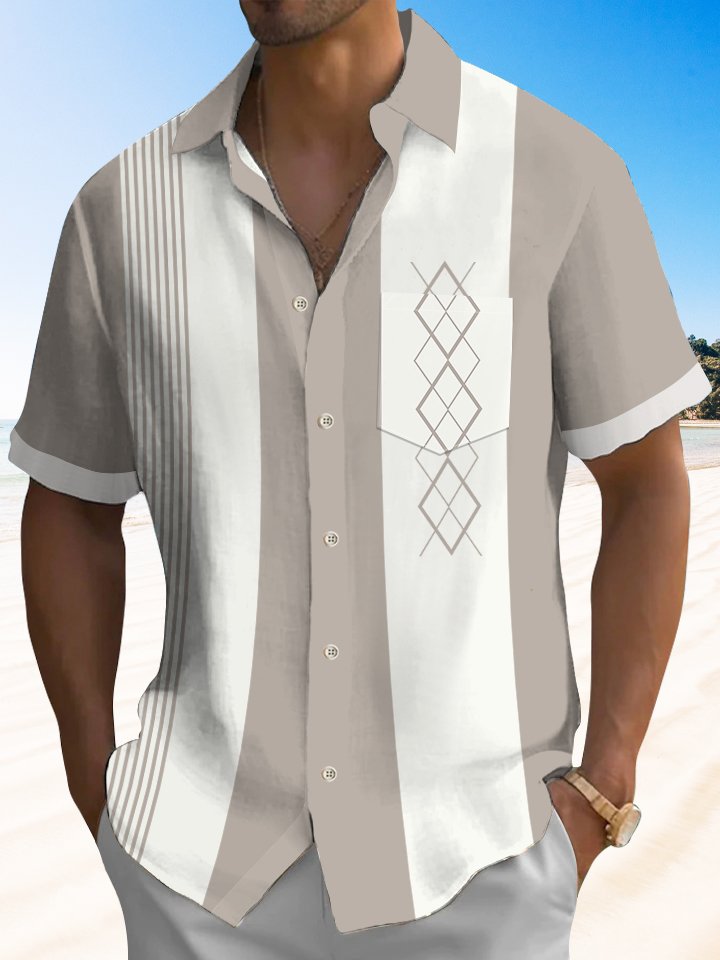 Alohadaddy Pocket Vintage Bowling Geometric Print Beach Men&