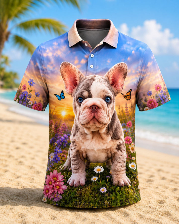 Alohadaddy® Vintage Beach Floral Dog Print Short-Sleeve Polo Shirt