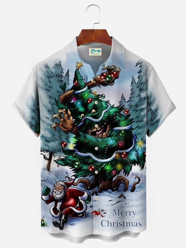 Camisa hawaiana navideña vintage blanca para hombre de Alohadaddy, camisas de campamento con bolsillo y dibujo de Papá Noel y árbol de Navidad, talla grande