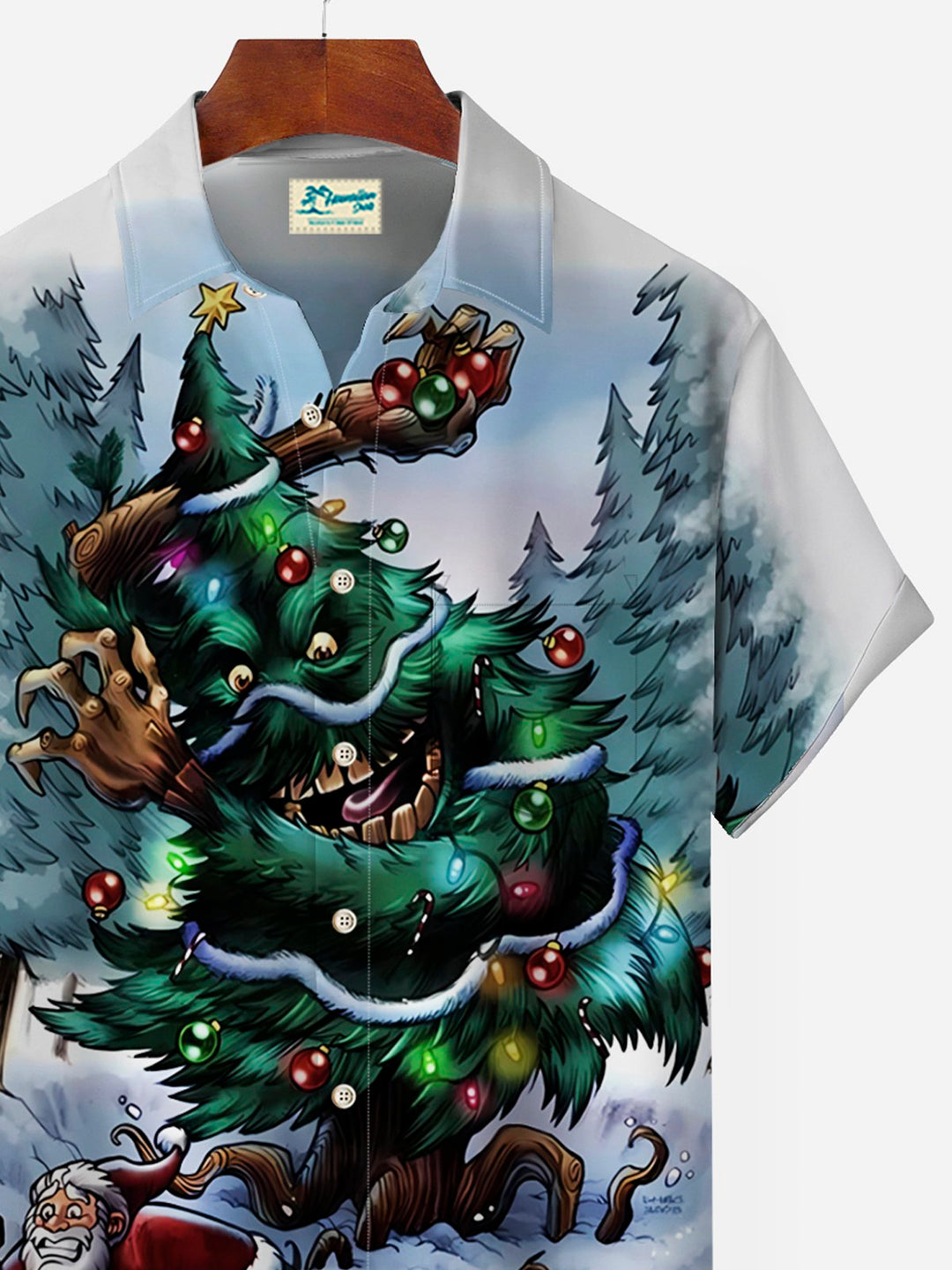 Camisa hawaiana navideña vintage blanca para hombre de Alohadaddy, camisas de campamento con bolsillo y dibujo de Papá Noel y árbol de Navidad, talla grande
