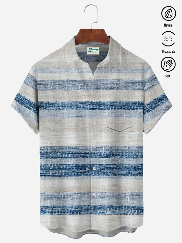 Alohadaddy Textured Blue Striped Casual Short Sleeve Shirt Blend Aloha Camp Pocket Button-Down Shirt Big Tall