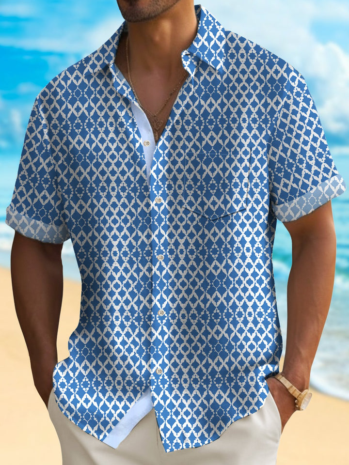 Camisa hawaiana para hombre de Alohadaddy con diseño geométrico azul, de secado rápido, con bolsillo, estilo vintage, para campamento, talla grande