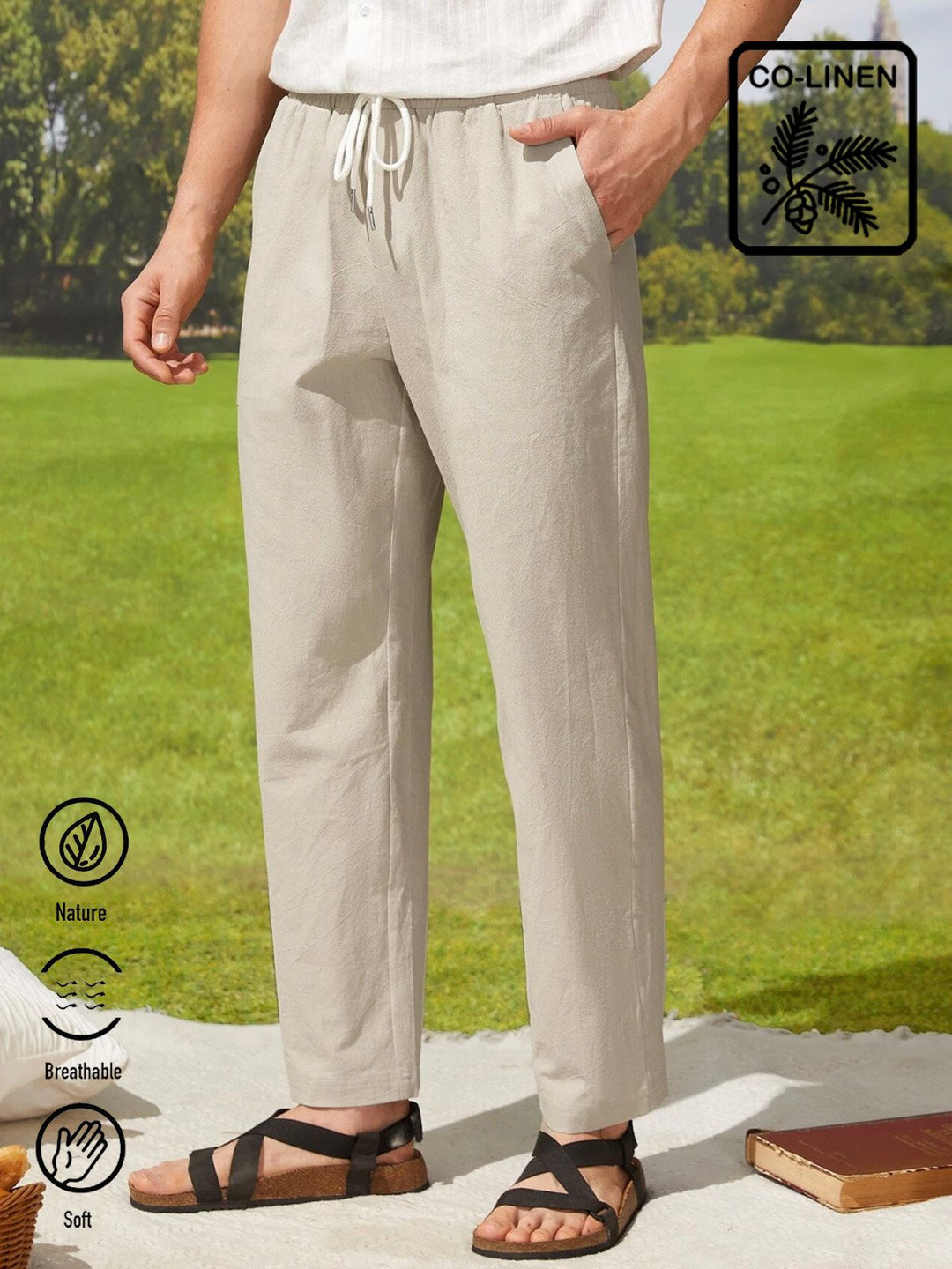 Pantalones hawaianos de mezcla de lino y algodón para hombre, informales, transpirables, para vacaciones