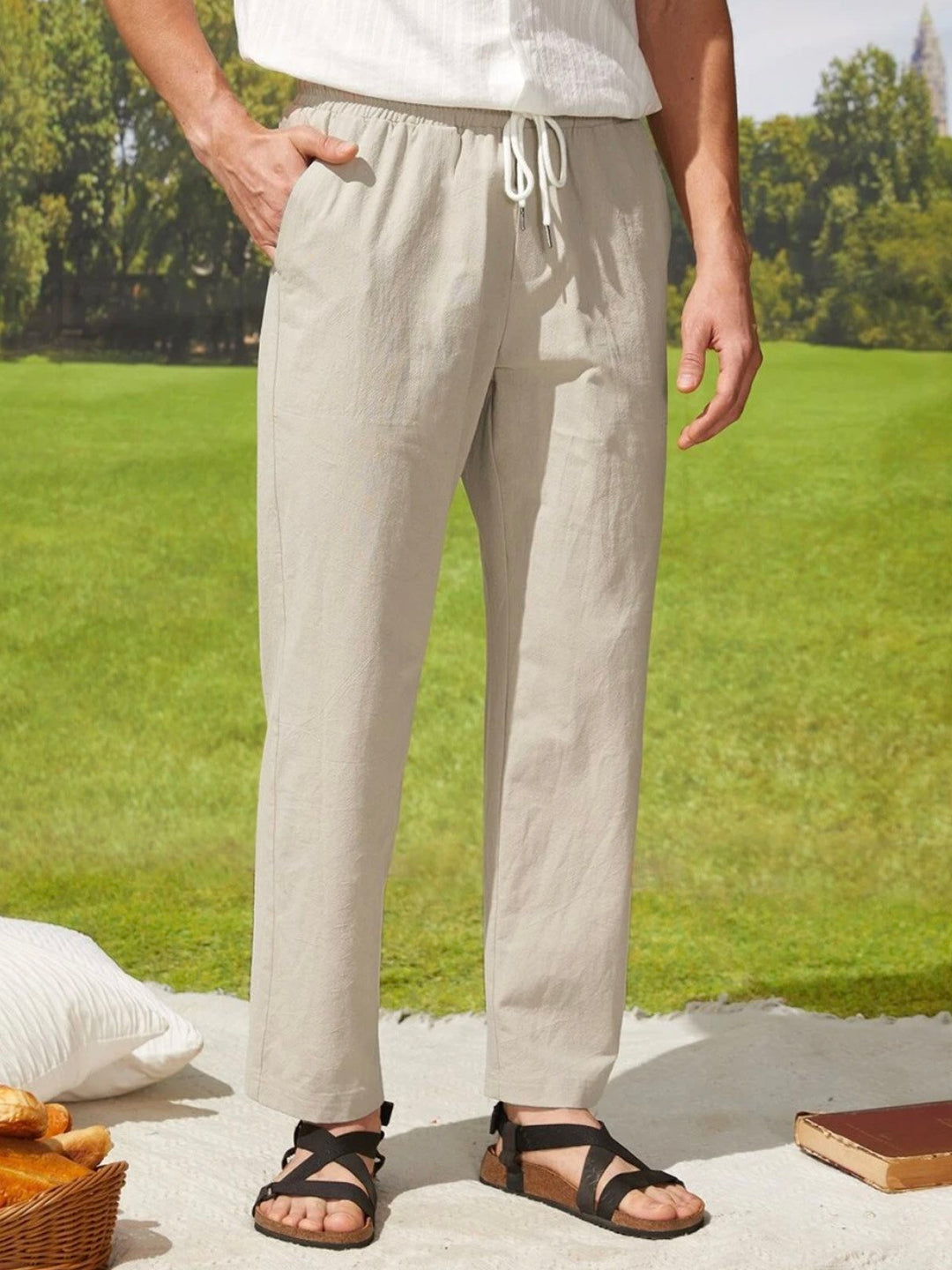 Pantalones hawaianos de mezcla de lino y algodón para hombre, informales, transpirables, para vacaciones