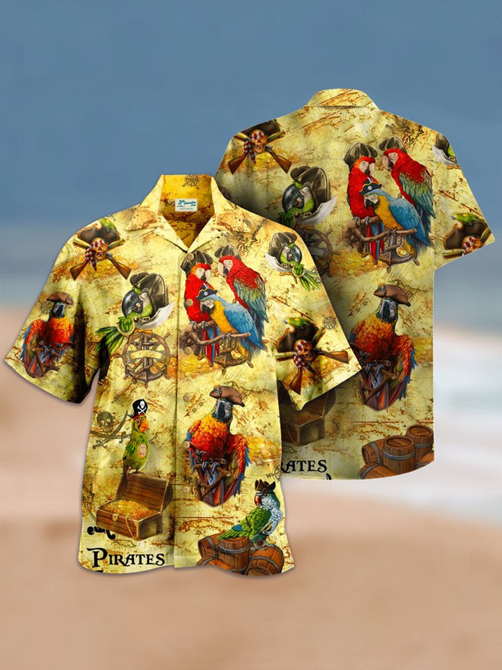Vintage Pirate Parrot Nautical Breast Pocket Hawaiian Shirt Oversized Vacation Aloha Shirt