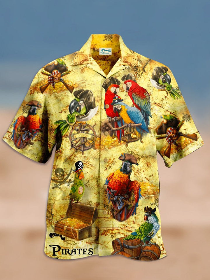 Vintage Pirate Parrot Nautical Breast Pocket Hawaiian Shirt Oversized Vacation Aloha Shirt