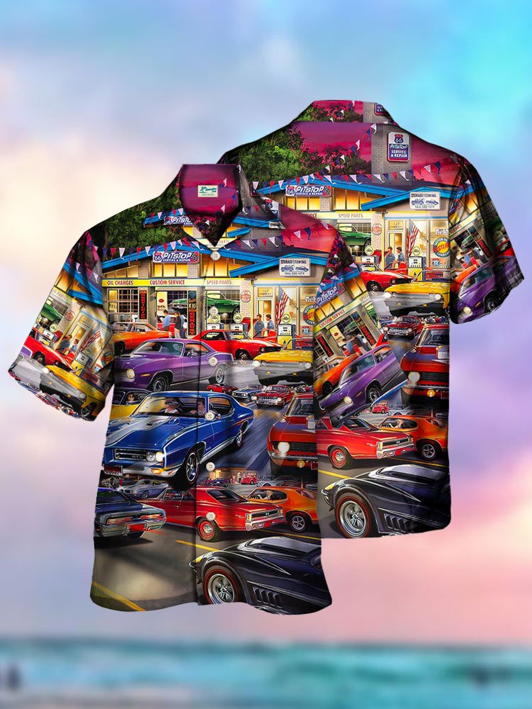Casual Beach 50s Retro Car Hawaiian Shirt Oversized Vacation Aloha Shirt