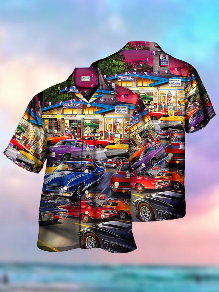Casual Beach 50s Retro Car Hawaiian Shirt Oversized Vacation Aloha Shirt