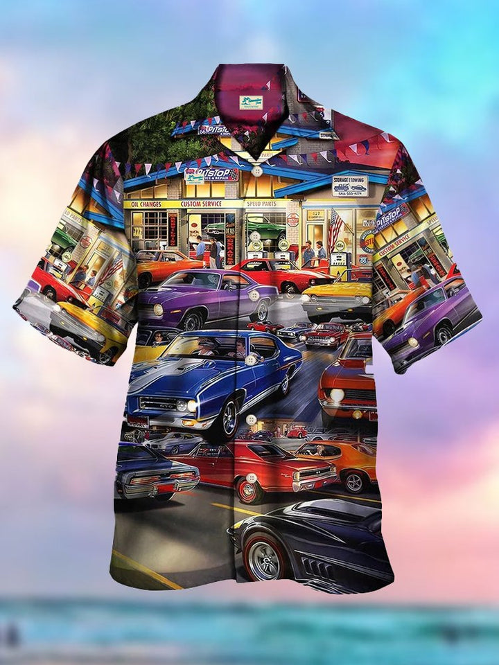 Casual Beach 50s Retro Car Hawaiian Shirt Oversized Vacation Aloha Shirt