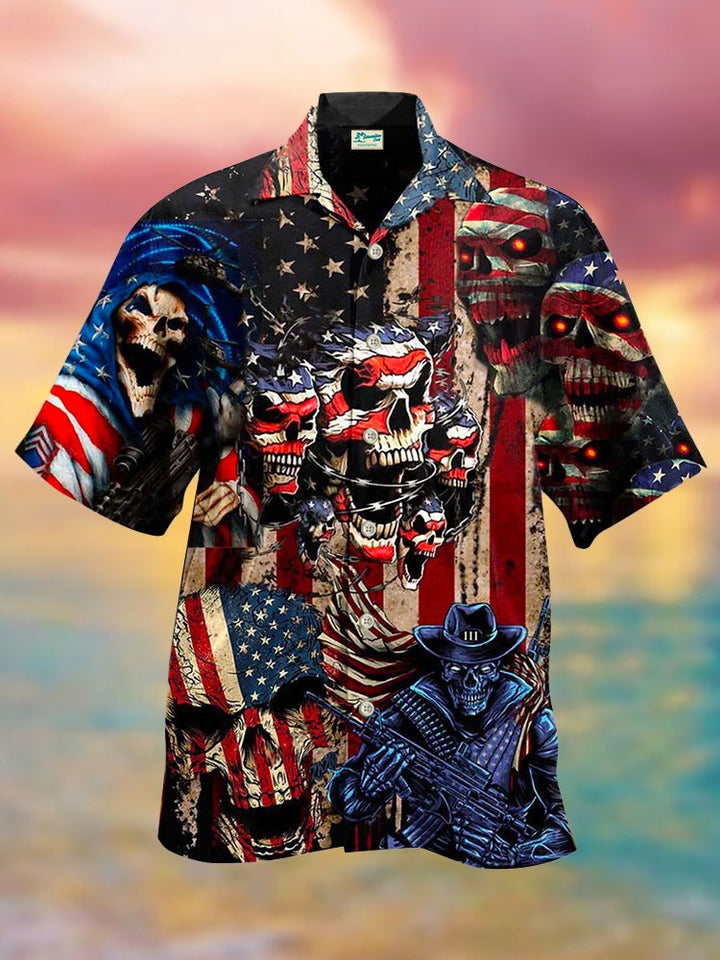 Vintage America Skull Pride Cool Style Hawaiian Shirt Oversized Vacation Aloha Shirt