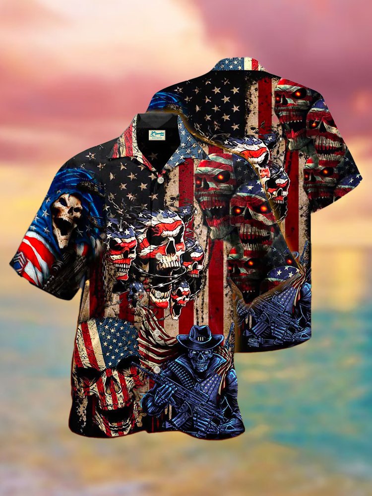 Vintage America Skull Pride Cool Style Hawaiian Shirt Oversized Vacation Aloha Shirt