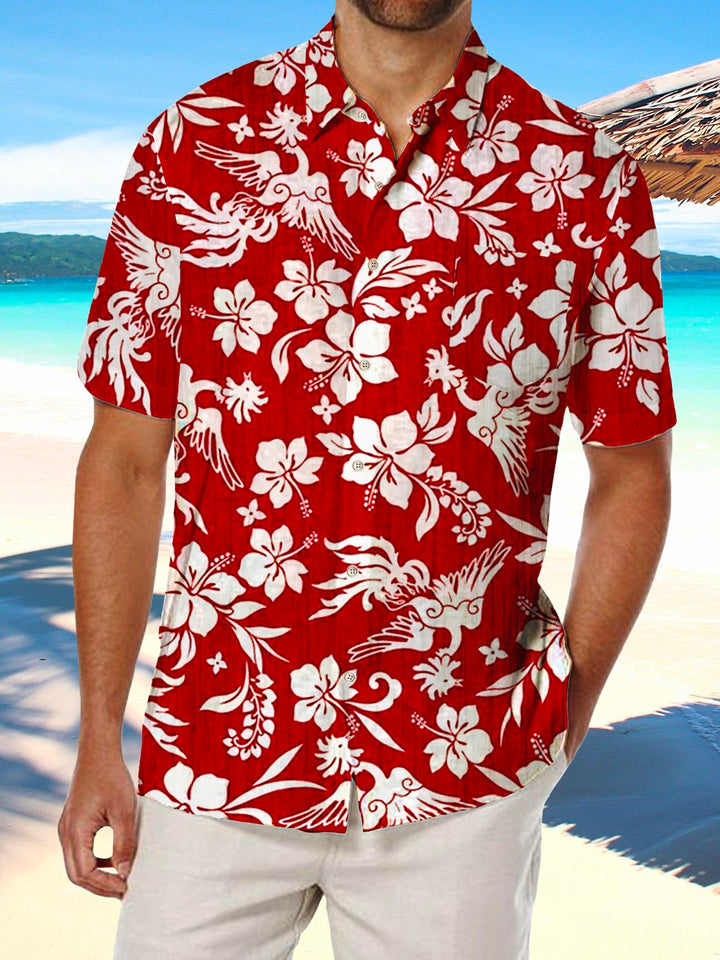 Alohadaddy Cotton Linen Vintage Red Coconut Tree Hawaiian Oversized Aloha Shirt