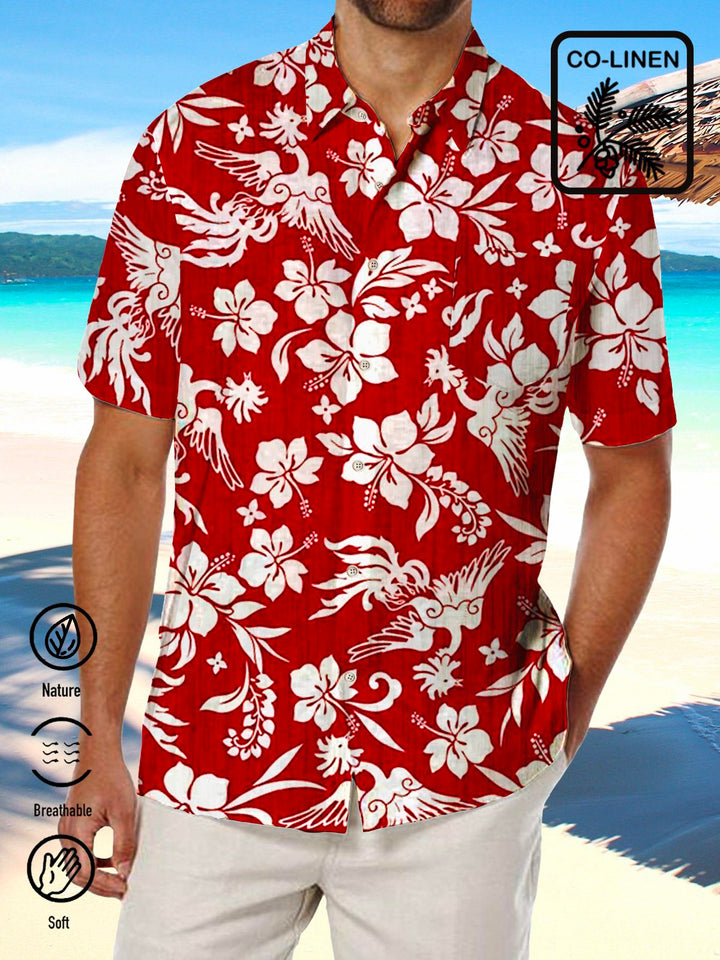 Alohadaddy Cotton Linen Vintage Red Coconut Tree Hawaiian Oversized Aloha Shirt