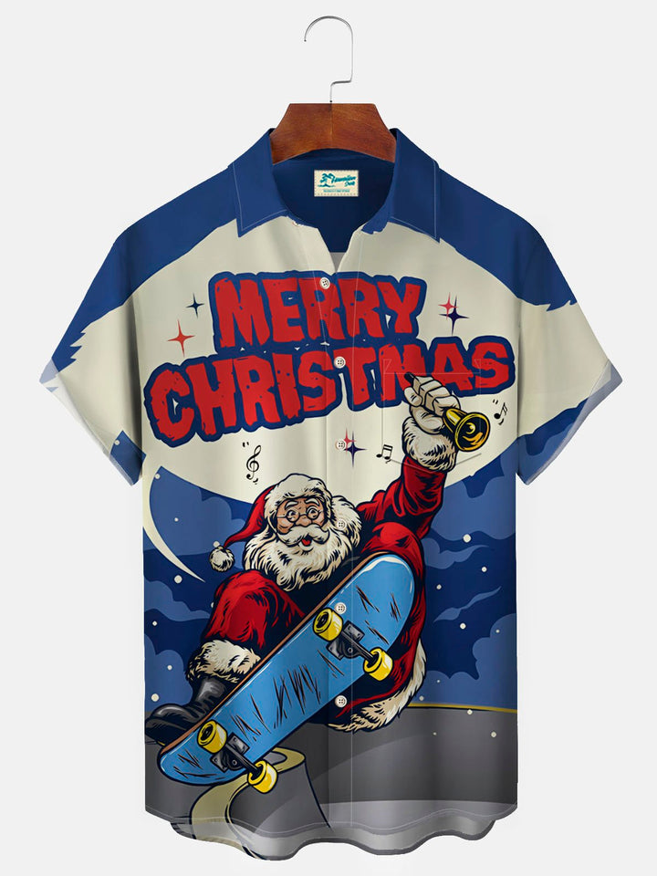 Camisas hawaianas azules navideñas para hombre de Alohadaddy, camisa elástica con bolsillo y estampado de dibujos animados de Papá Noel en patineta, talla grande