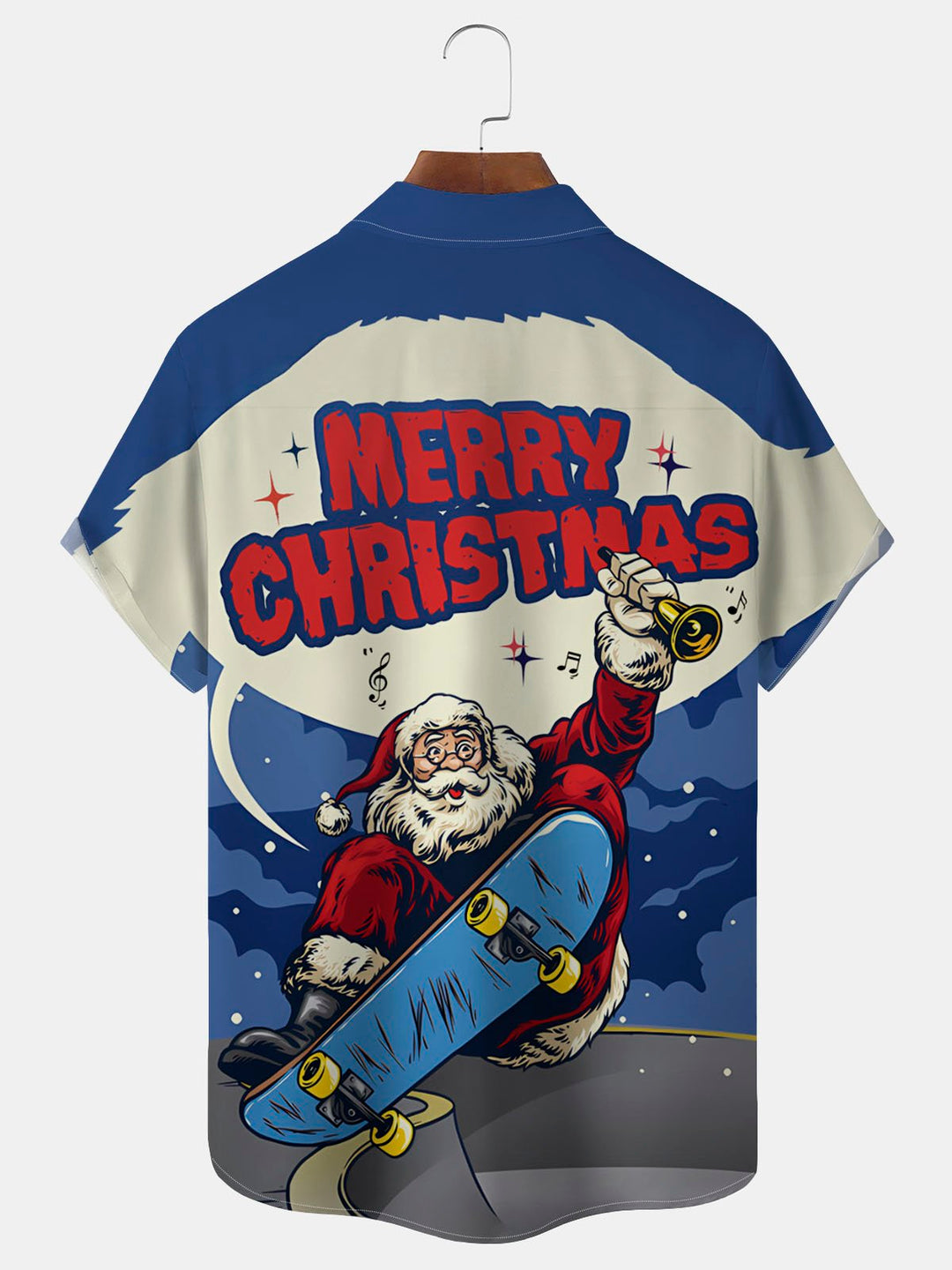 Camisas hawaianas azules navideñas para hombre de Alohadaddy, camisa elástica con bolsillo y estampado de dibujos animados de Papá Noel en patineta, talla grande