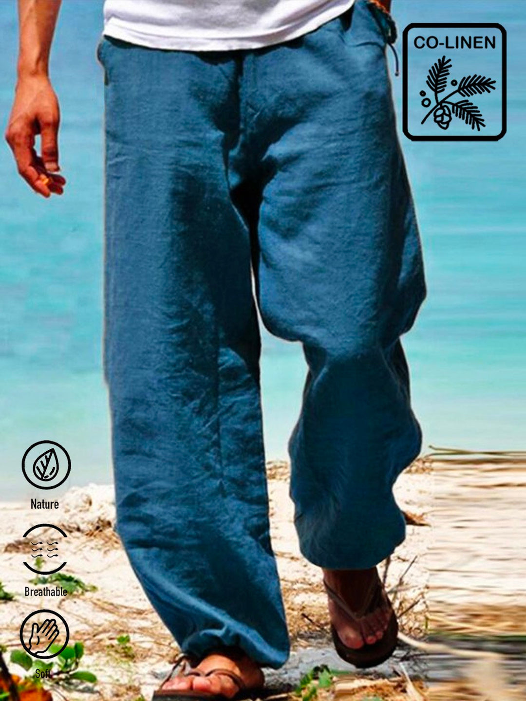 Pantalones hawaianos de mezcla de lino y algodón para hombre, informales, transpirables, para vacaciones